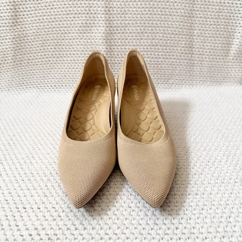 Vivaia Aria Khaki Beige Pointed Wooden Stacked Wedge 2.0 Heel Shoes 43 US 11